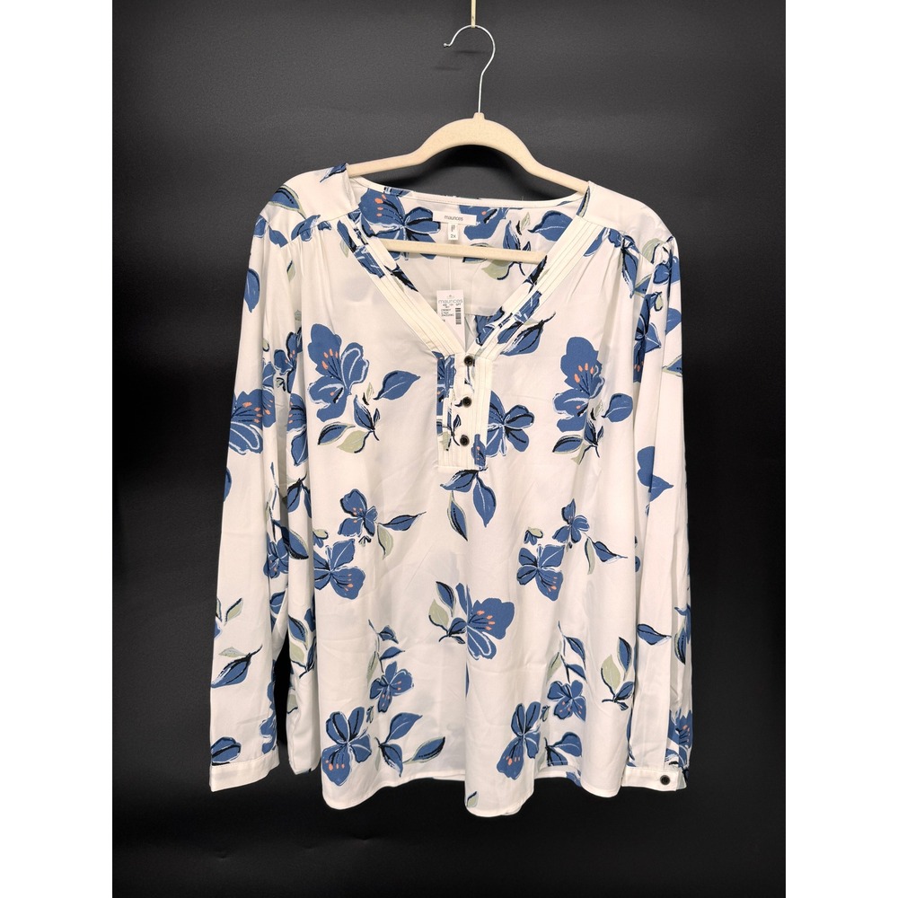 Maurices Blouse Women 2X White NWT Blue Floral V-Neck Button Long Sleeve Pleated